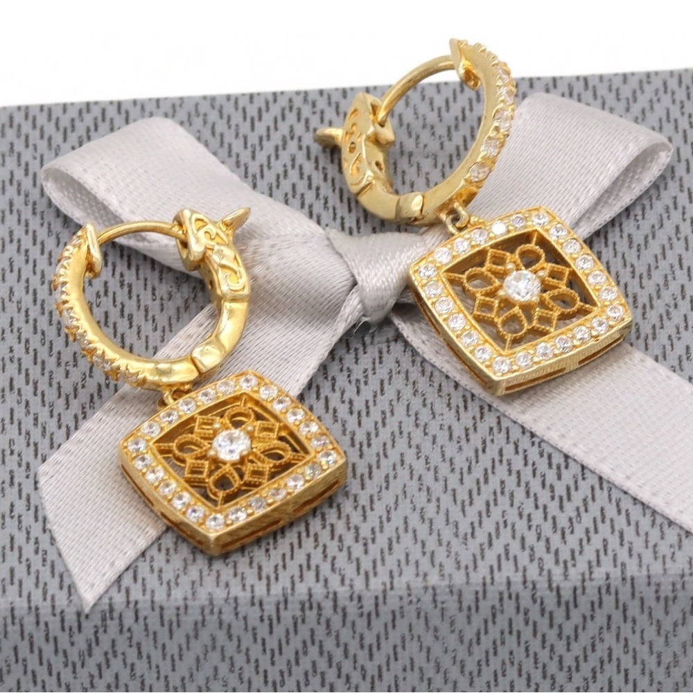 925 Sterling Silver Elegant Filigree 14k Gold Finish Square Dangle Earrings SALE